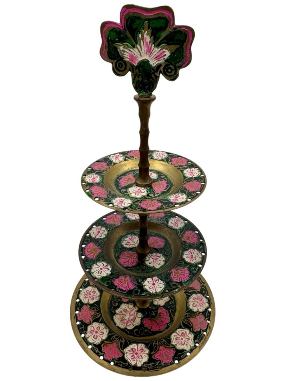 Vintage, floral-patterned brass and enamel 3-tier tray stand